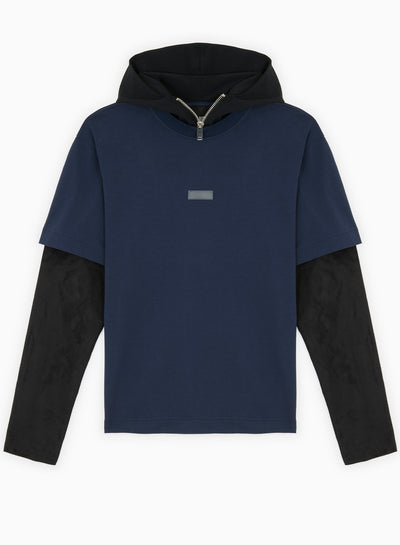 DOUBLE LAYER TECHINCAL SUED/JERSEY AND NYLON HOODIE T-SHIRT