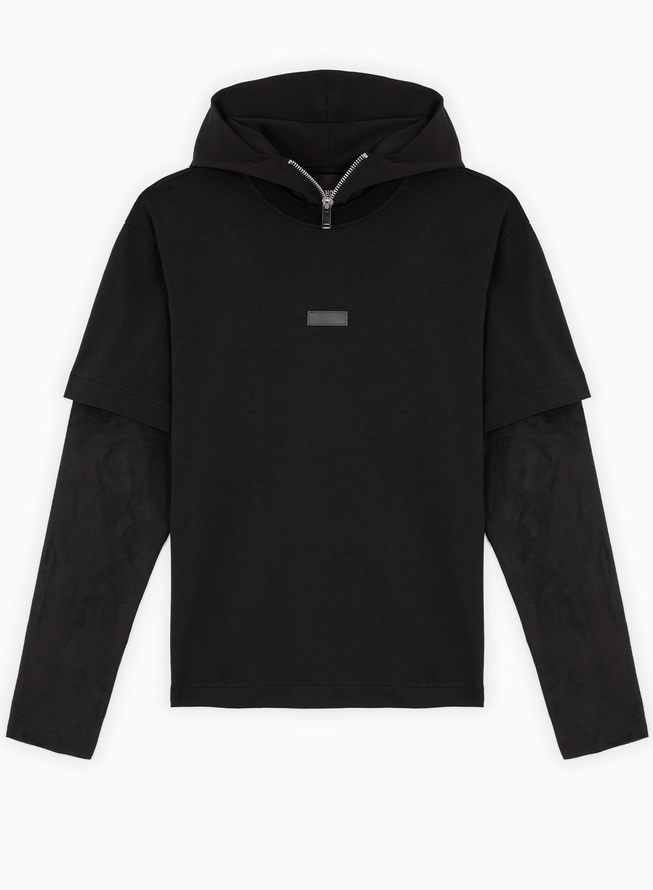 DOUBLE LAYER TECHINCAL SUED/JERSEY AND NYLON HOODIE T-SHIRT