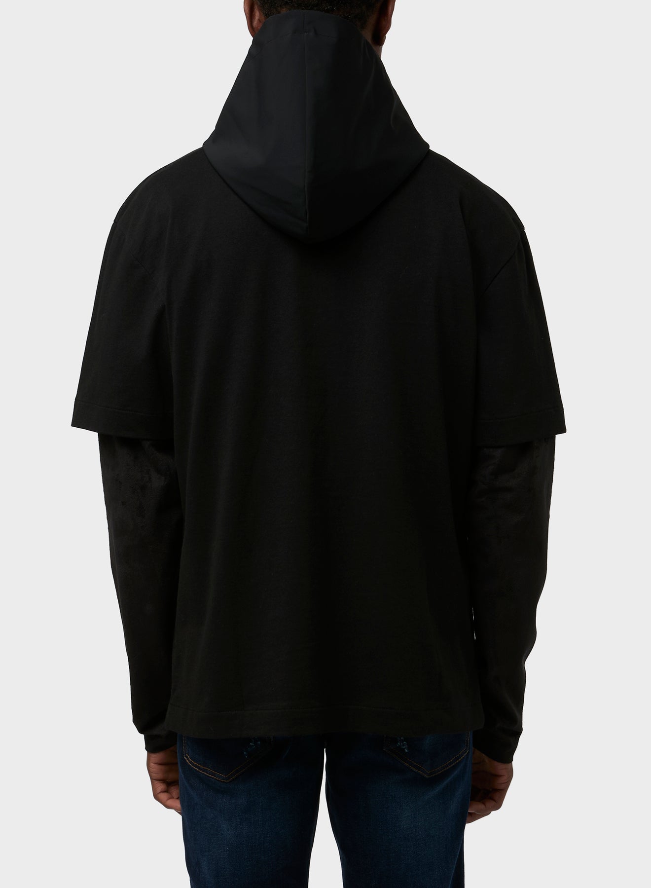 DOUBLE LAYER TECHINCAL SUED/JERSEY AND NYLON HOODIE T-SHIRT