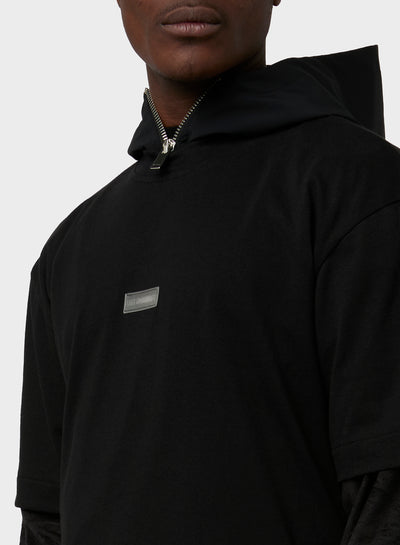 DOUBLE LAYER TECHINCAL SUED/JERSEY AND NYLON HOODIE T-SHIRT