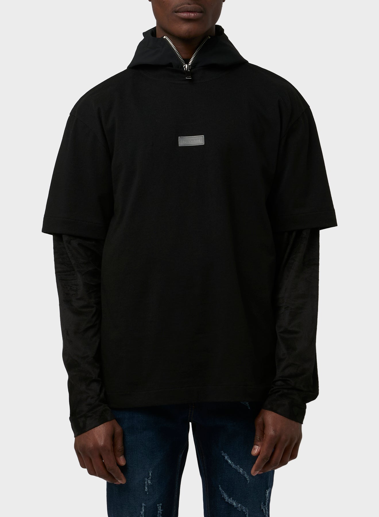 DOUBLE LAYER TECHINCAL SUED/JERSEY AND NYLON HOODIE T-SHIRT